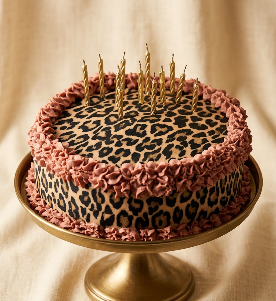 Leopard-print celebration cake with gold candles, made by Anthony