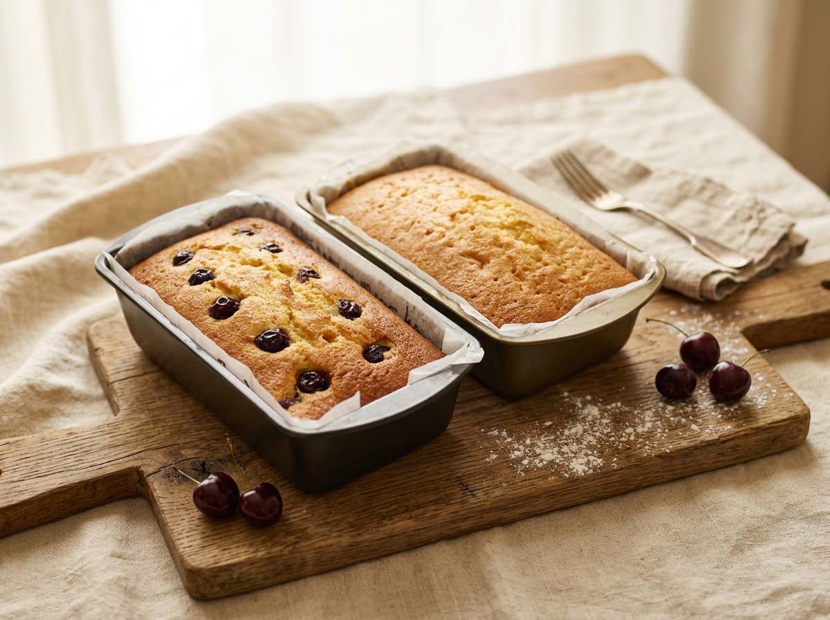 Freshly baked sweet loaves, one studded with cherries